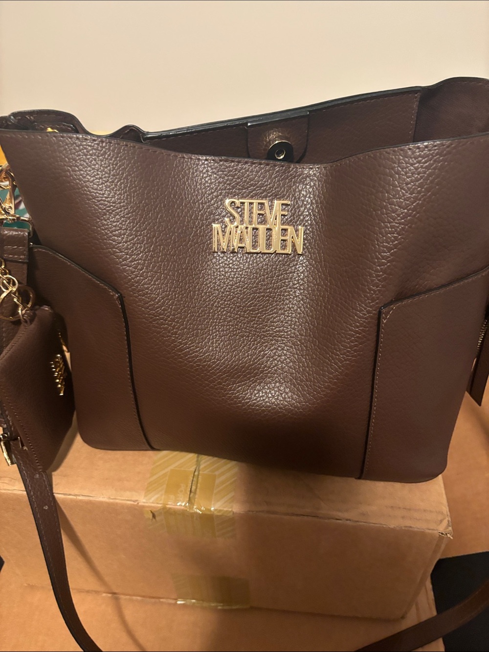 Steve Madden Dark Brown Pebbled Tote with Gold Hardware NWOT